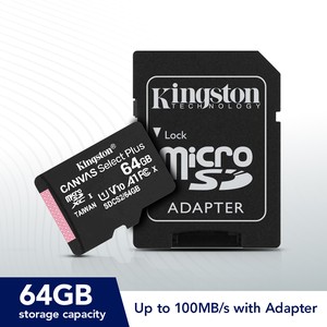 Kingston Canvas Select Plus 64GB microSDXC UHS-I U1 A1 V10 C10 , Up to 100MB/s Read , w/ Adapter - Micro SD Card ( SDCS2/64GBCR )