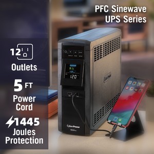 CYBERPOWER 1500VA Battery-Backup UPS – 1000W Sinewave AVR LCD - 12-Outlets includes 6 surge-protected only, 6 battery/surge-protected (CP1500PFCLCD)