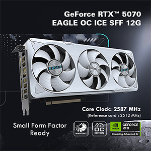 GIGABYTE GeForce RTX 5070 EAGLE OC ICE SFF 12G Graphics Card, 12GB 192-bit GDDR7, PCIe 5.0, WINDFORCE cooling system, GV-N5070EAGLEOC ICE-12GD Video Card