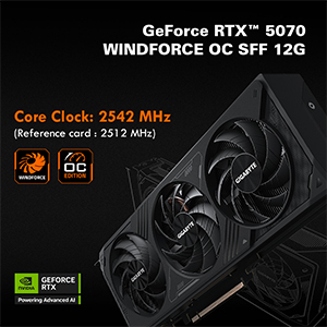 GIGABYTE GeForce RTX 5070 WINDFORCE OC SFF 12G Graphics Card, 12GB 192-bit GDDR7, PCIe 5.0, WINDFORCE cooling system, GV-N5070WF3OC-12GD Video Card