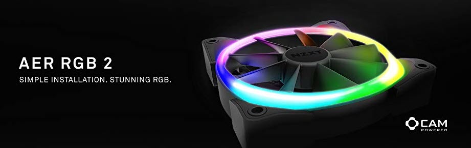 NZXT AER RGB 2 fan in black background beside a CAM logo