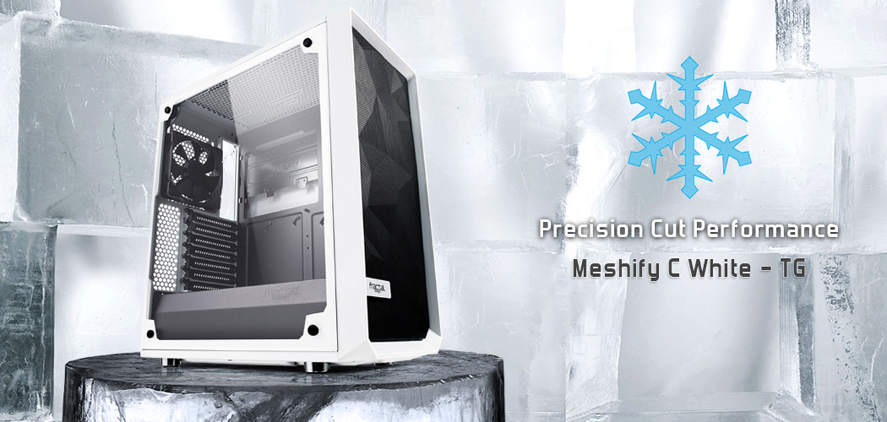 Side view of Meshify C White - TG placed in an icy environment with snowflake markers