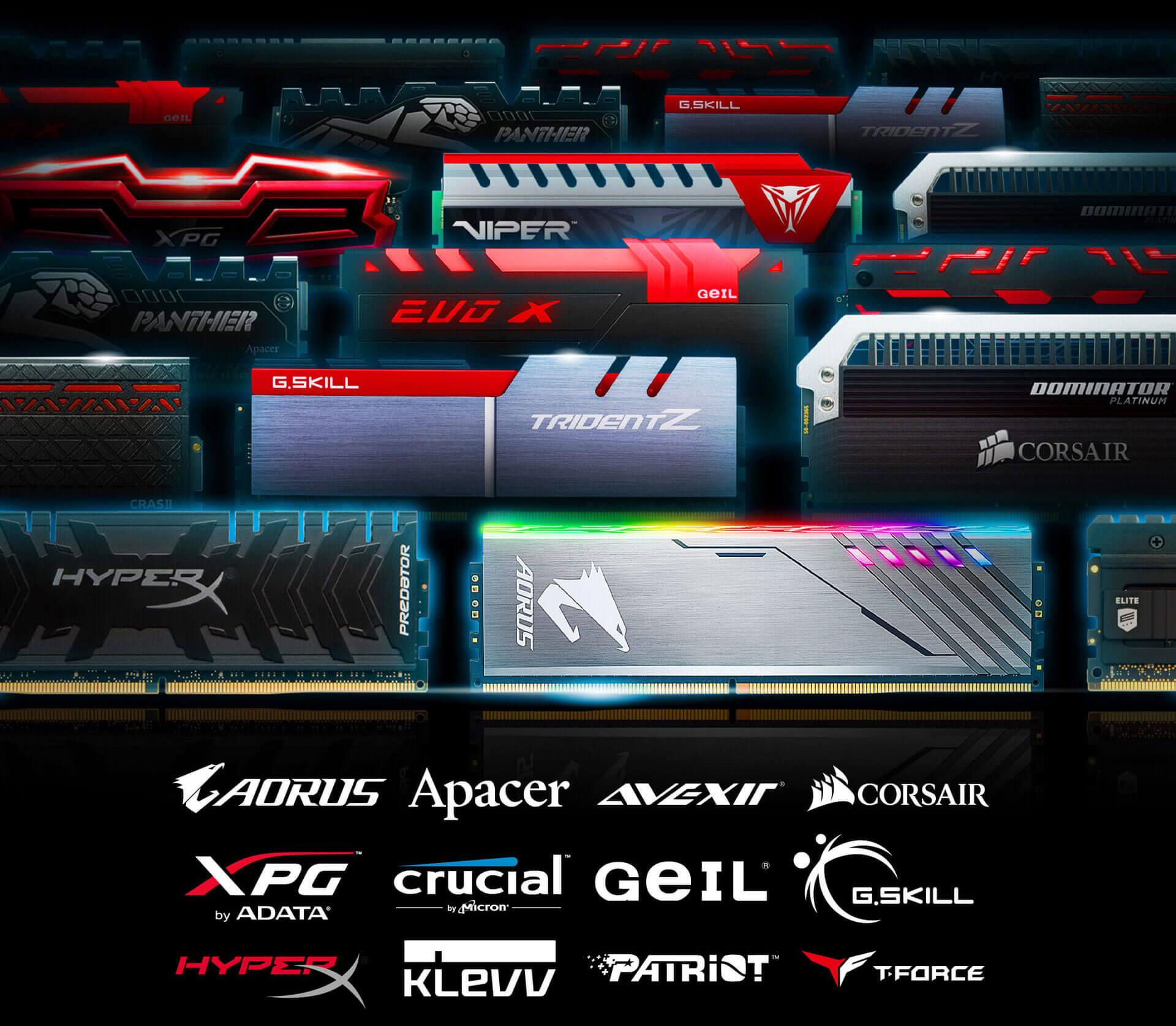 ddr, many different brand of DDR4 as background, aorus, apacer, corsair, XPG, crucial, geil, g.skill, hyper, klevv, patriot, t.force