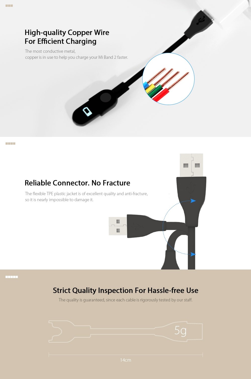 Charging Cable with 14cm Length for Xiaomi Mi Band 2- Black